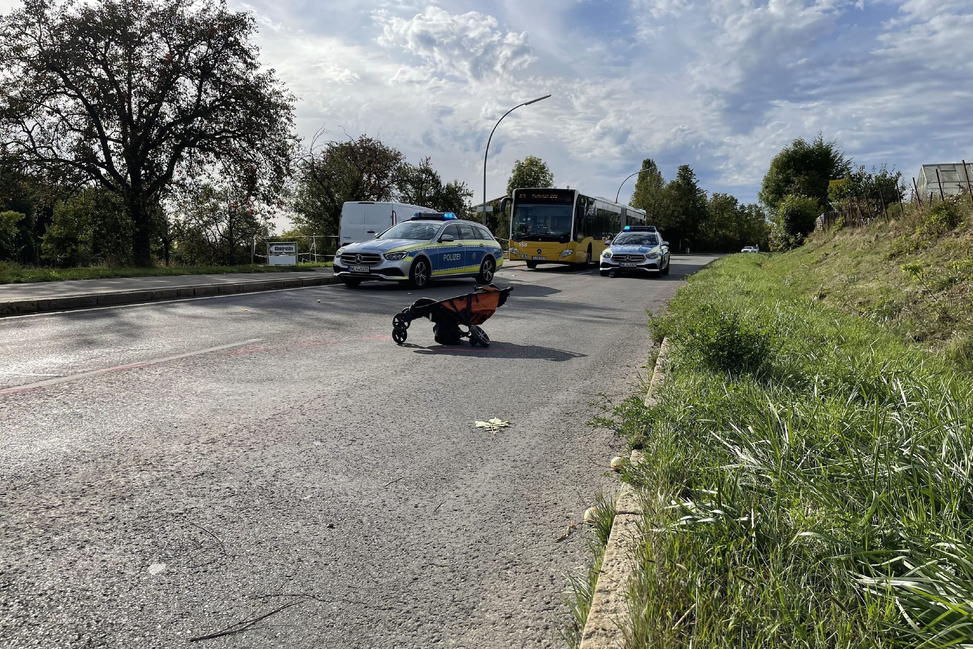 Der zerstörte Kinderwagen: Das Kind kam mit einem Hubschrauber in eine Klinik.