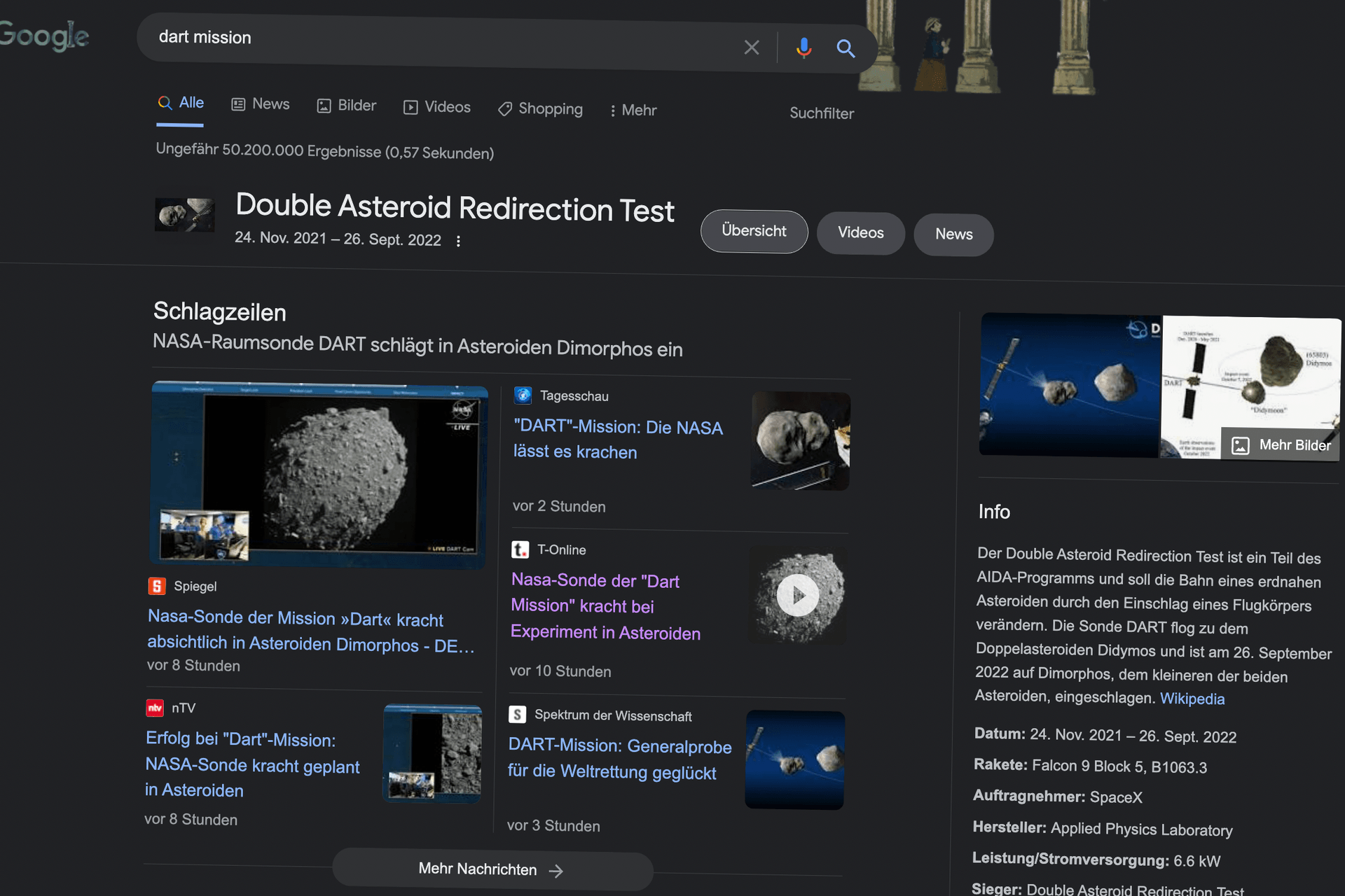 Google-Suche: So sieht die Seite aus, nachdem sie der animierte Satellit getroffen hat.