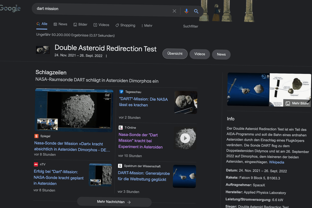 Google-Suche: So sieht die Seite aus, nachdem sie der animierte Satellit getroffen hat.