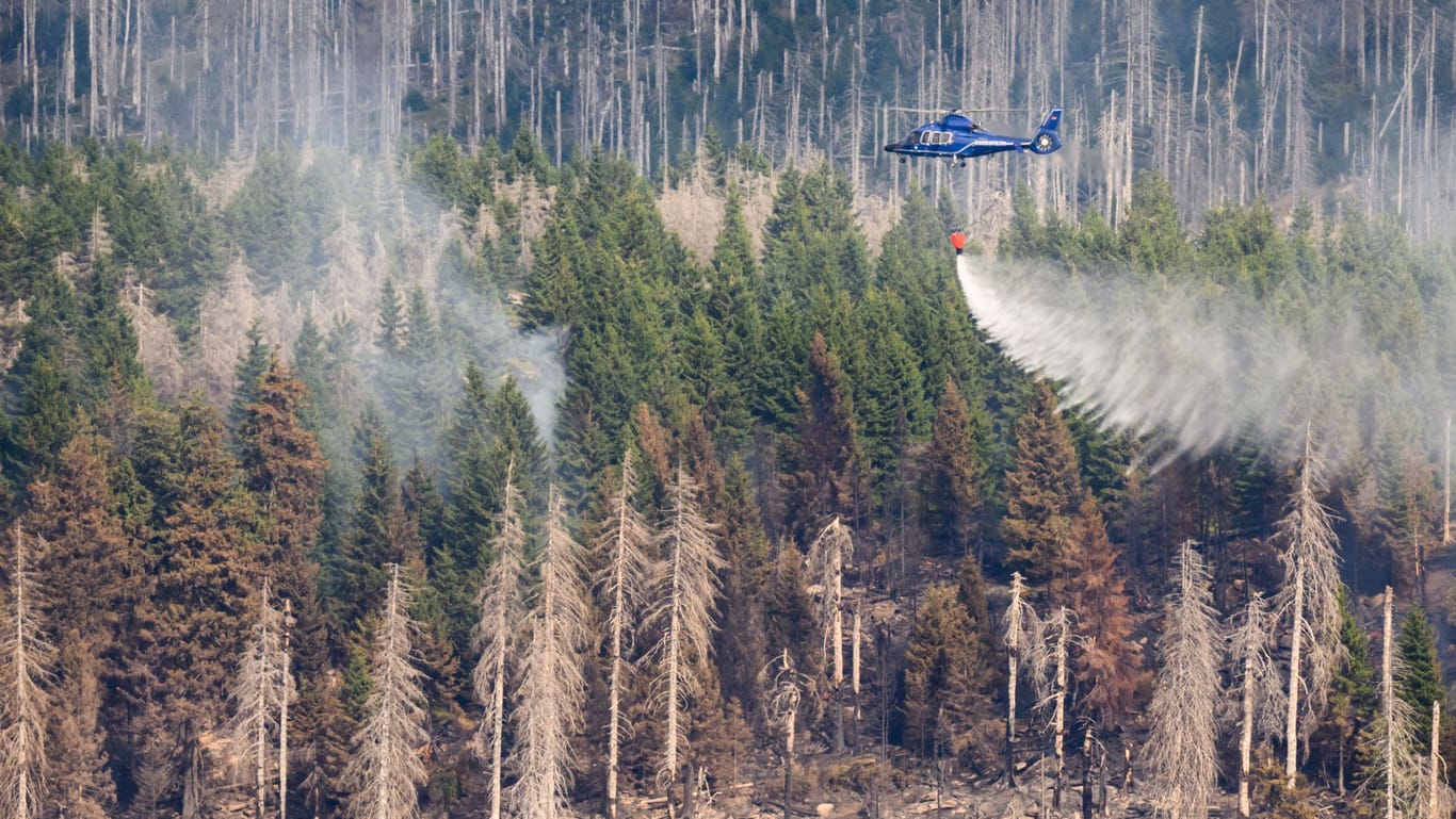 Eine Harzer Schmalspurbahn HSB mit Löschtanks und ein Hubschrauber der Bundespolizei bekämpfen den Waldbrand: Noch immer brennt es auf einer großen Fläche.