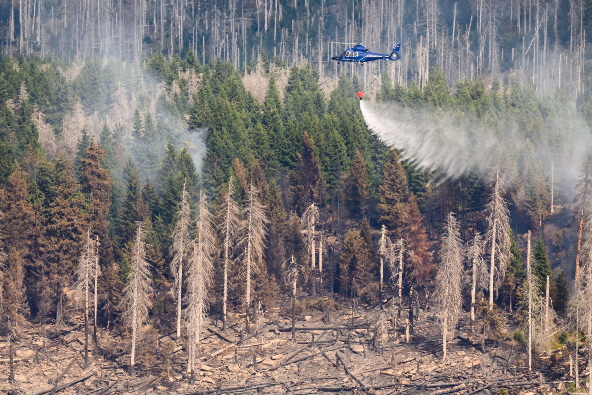 Eine Harzer Schmalspurbahn HSB mit Löschtanks und ein Hubschrauber der Bundespolizei bekämpfen den Waldbrand: Noch immer brennt es auf einer großen Fläche.