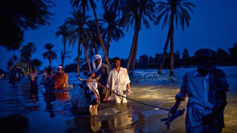 Dorfbewohner nahe Muzaffargarh im Osten Pakistans: Bereits 2010 erlitten die Menschen in pakistan katastrophale Überschwemmungen, die ein Fünftel des Landes unter sich begruben. Nach Rekordregenfällen steht aktuell ein Drittel Pakistans unter Wasser.