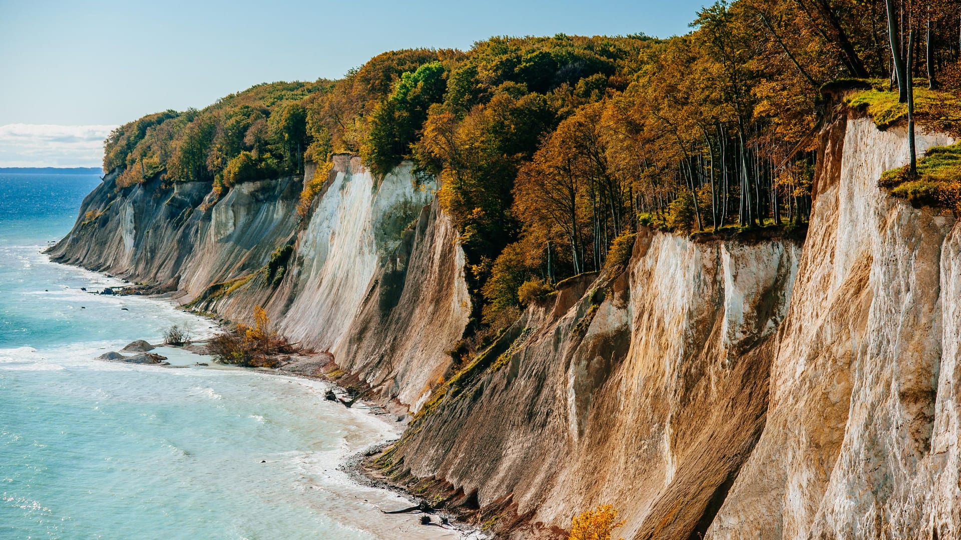 Nicht nur im Sommer ein Highlight: Auch im Herbst beeindruckt das Klippenpanorama im Nationalpark Jasmund auf Rügen seine Besucher.