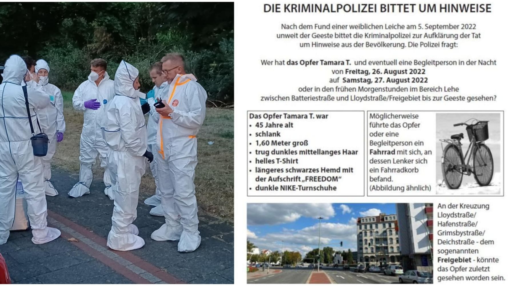 Die Einsatzkräfte am Fundort/Fahndungsplakat (Collage): Als besonderes Merkmal nennt die Polizei ein Fahrrad mit einem großen Korb.