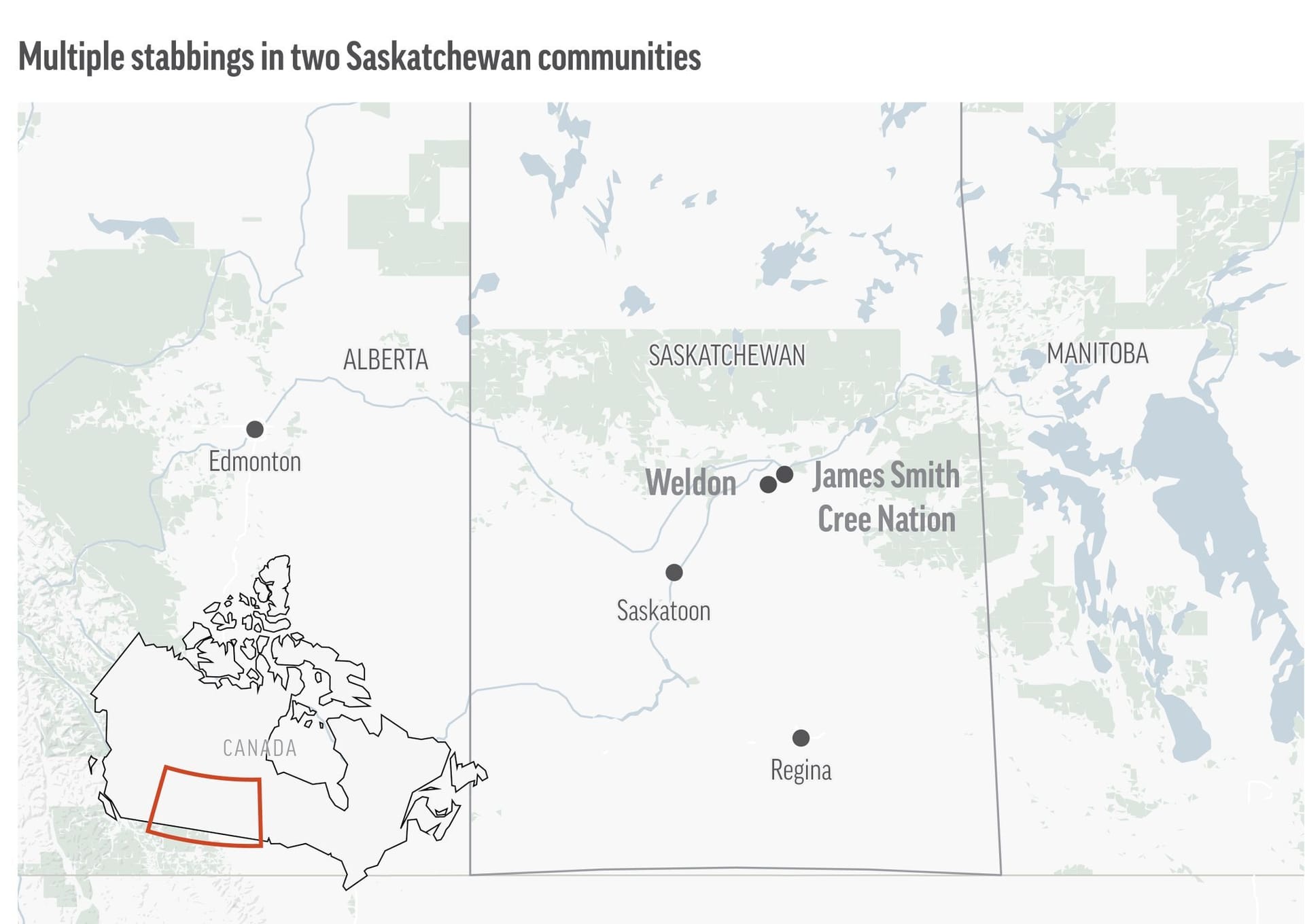 Laut Polizei gab es Tote an 13 verschiedenen Tatorten in zwei Gemeinden der Region Saskatchewan.