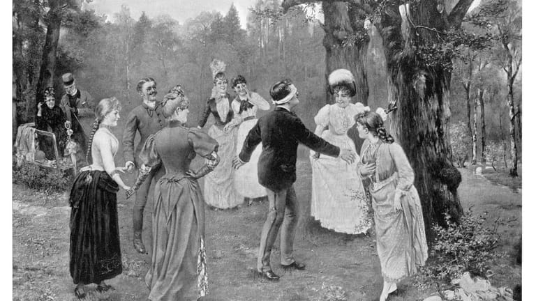 In dieser Illustration von 1894 sieht man, wie Erwachsene Blinde Kuh spielen.