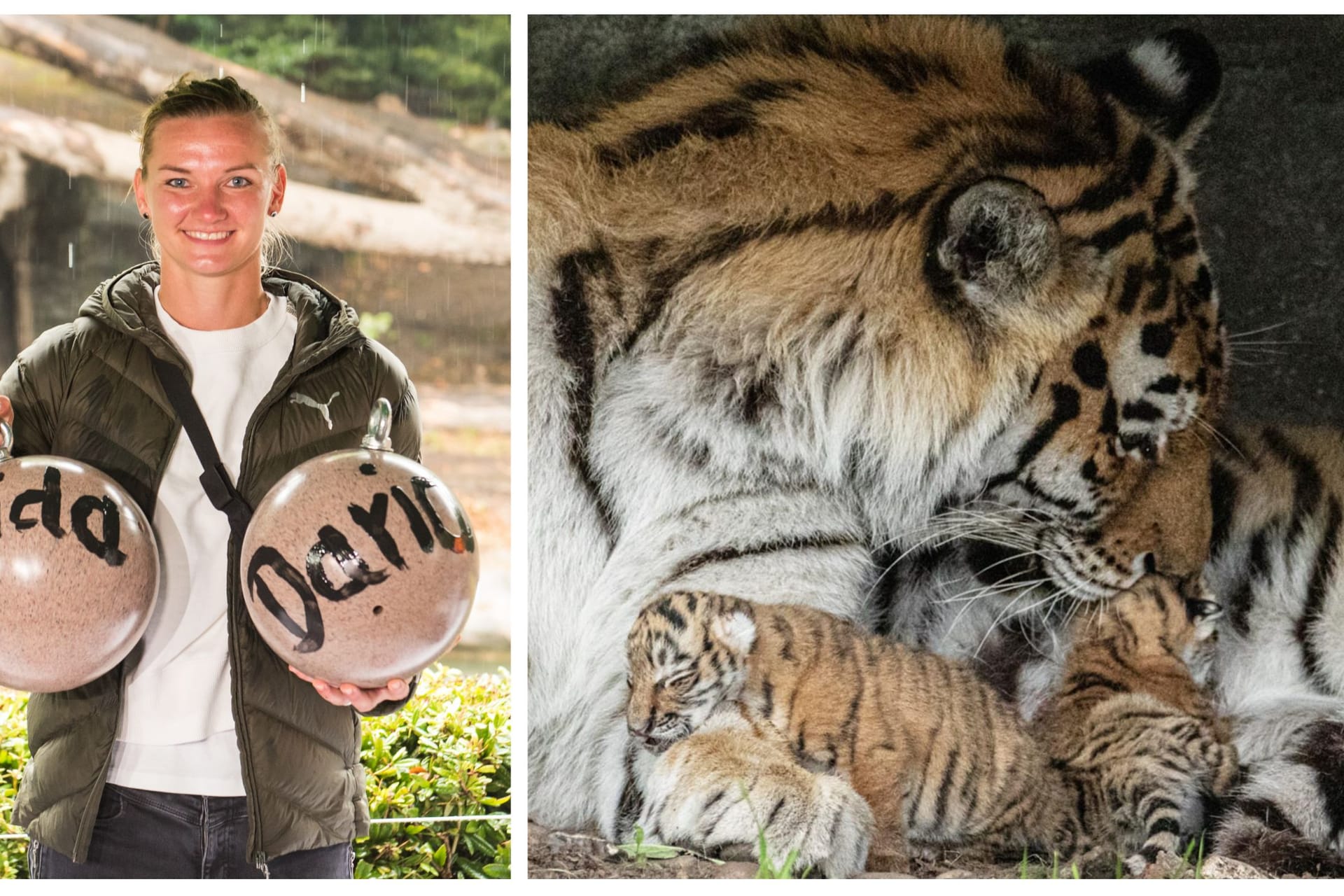 Alexandra Popp hält zwei Bewegungsbälle mit den Namen der beiden Tiger.