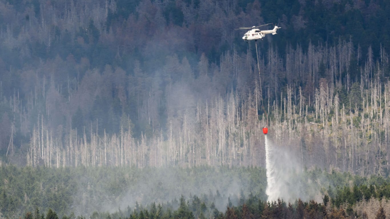 Ein Hubschrauber mit einem Löschwasserbehälter bekämpft den Waldbrand: Hunderte Einsatzkräfte sind im Einsatz.