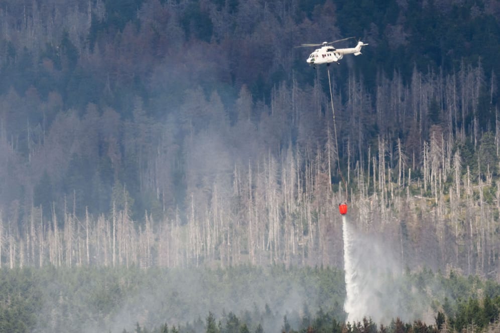 Ein Hubschrauber mit einem Löschwasserbehälter bekämpft den Waldbrand: Hunderte Einsatzkräfte sind im Einsatz.