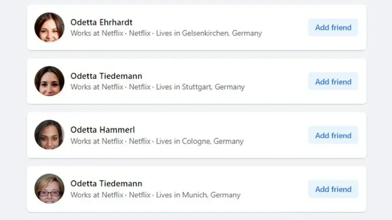 Fake-Profile: In einer Welle hatten die Accounts, die die Inhalte verbreiteten, überwieegend von künstlicher Intelligenz erzeugte Fotos und angeblich Netflix als Arbeitgeber.