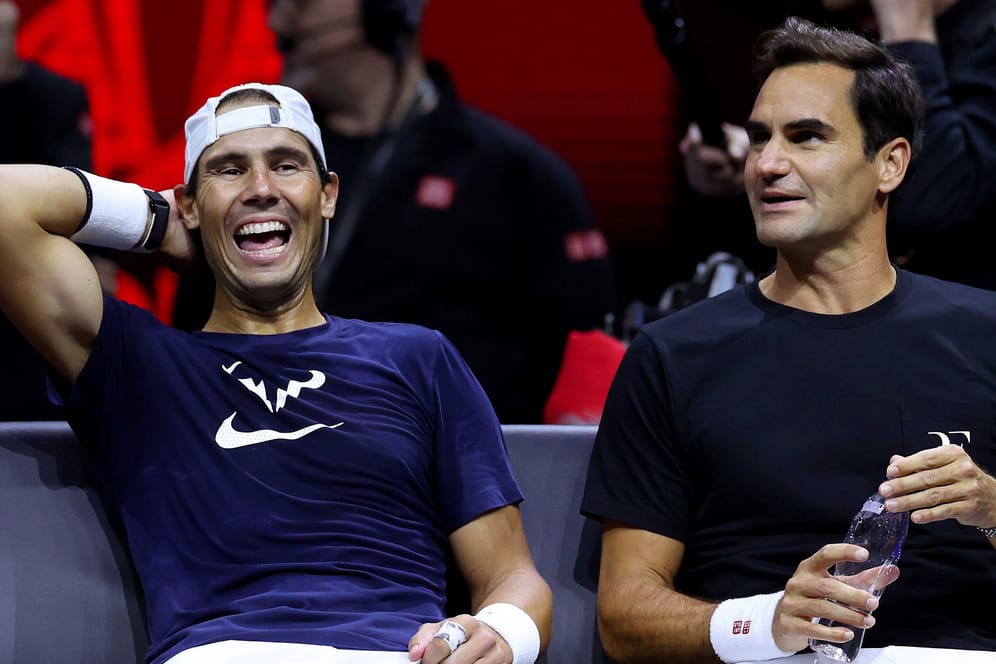 Roger Federer (r.) und Rafael Nadal beim Training am Rande des Laver Cups in London: Historisches Doppel.