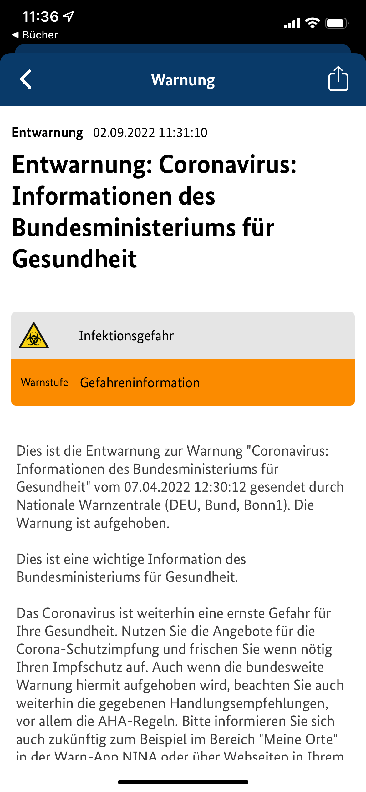 So sieht die Entwarnung in "NINA" aus.