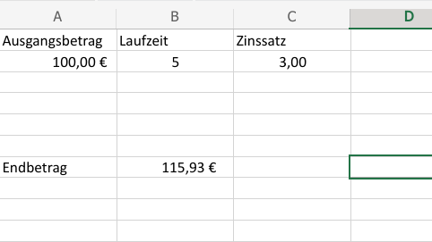 Beispiel einer Zinseszins-Rechnung in Excel.