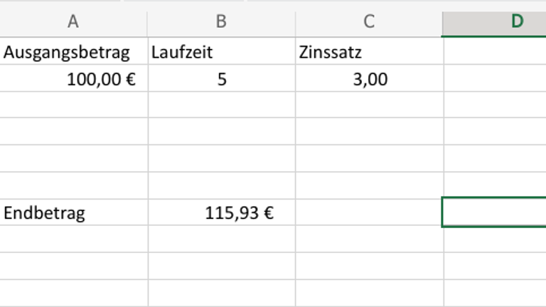 Beispiel einer Zinseszins-Rechnung in Excel.