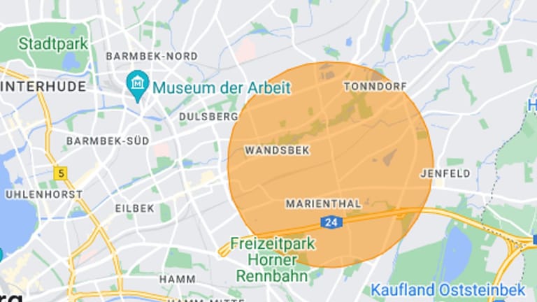 Der Warn-Bereich: Wer sich im orangefarbenen Kreis befindet, wird aufgerufen, sich in feste Gebäude zu begeben.