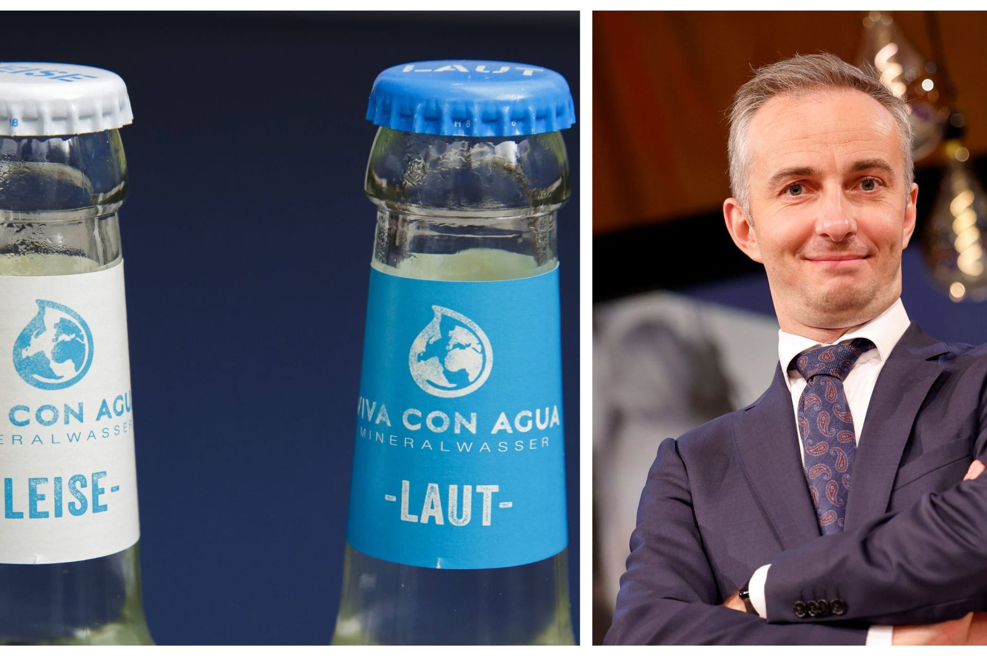 Zwei Flaschen des Unternehmens "Viva von Agua" und Jan Böhmermann. Das Unternehmen wehrt sich gegen die Vorwürfe.