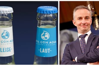 Zwei Flaschen des Unternehmens "Viva von Agua" und Jan Böhmermann. Das Unternehmen wehrt sich gegen die Vorwürfe.