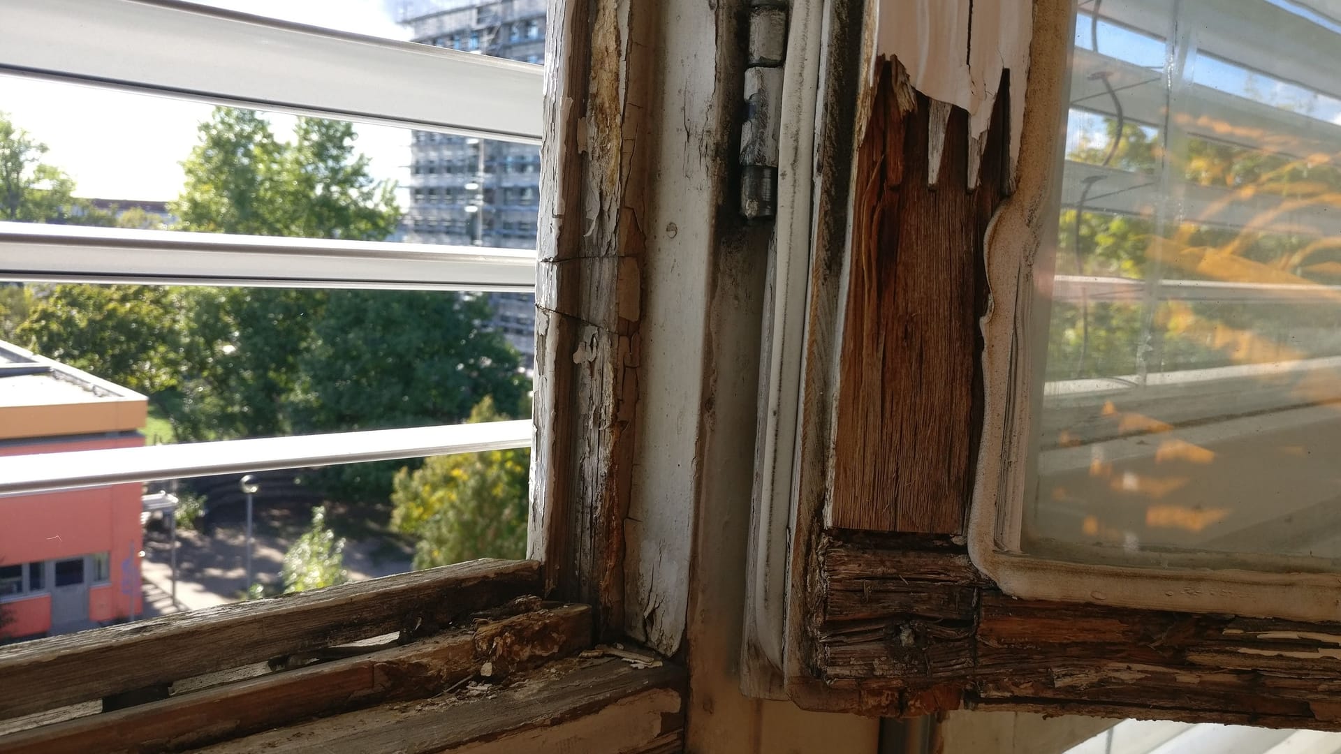 Marodes Fenster im Gymnasium am Europasportpark: Bei Wind drohen sie herauszufallen. Marodes Fenster im Gymnasium am Europasportpark: Bei Wind drohen sie herauszufallen.