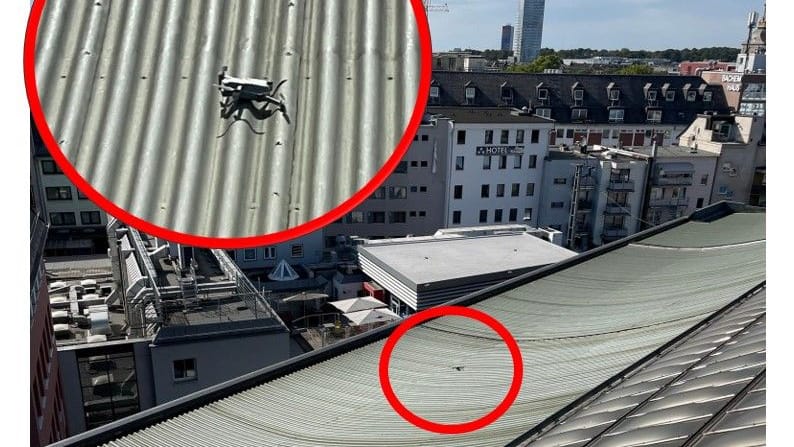 Die Drohne eines 27-jährigen Iren blieb am Kölner Hauptbahnhof auf dem Dach eines Bahnsteigs liegen. Die Drohne eines 27-jährigen Iren blieb am Kölner Hauptbahnhof auf dem Dach eines Bahnsteigs liegen.