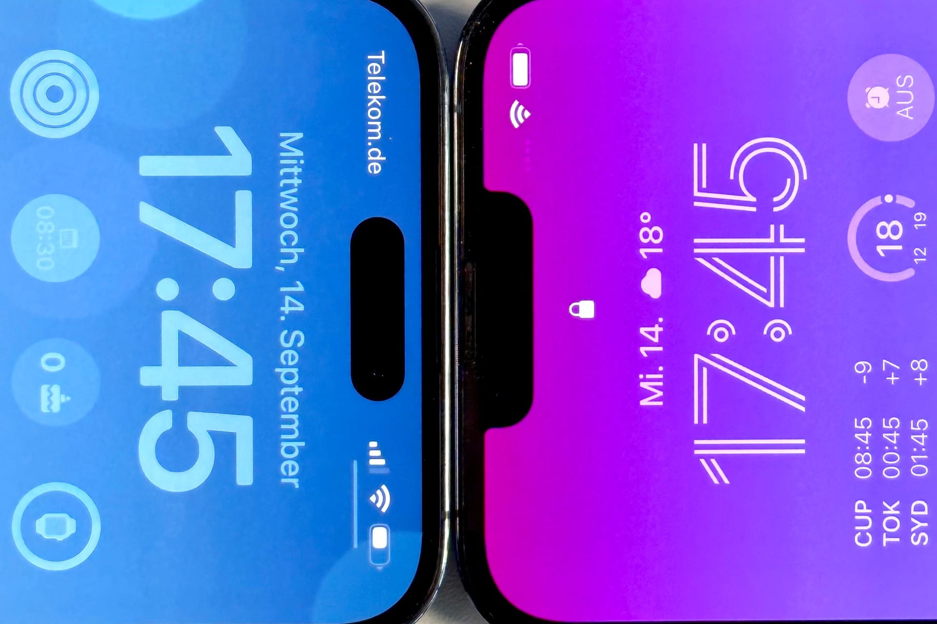 iPhone 14 Pro Max und iPhone 13 Pro Max: Links ist die neue "Dynamic Island" zu sehen.