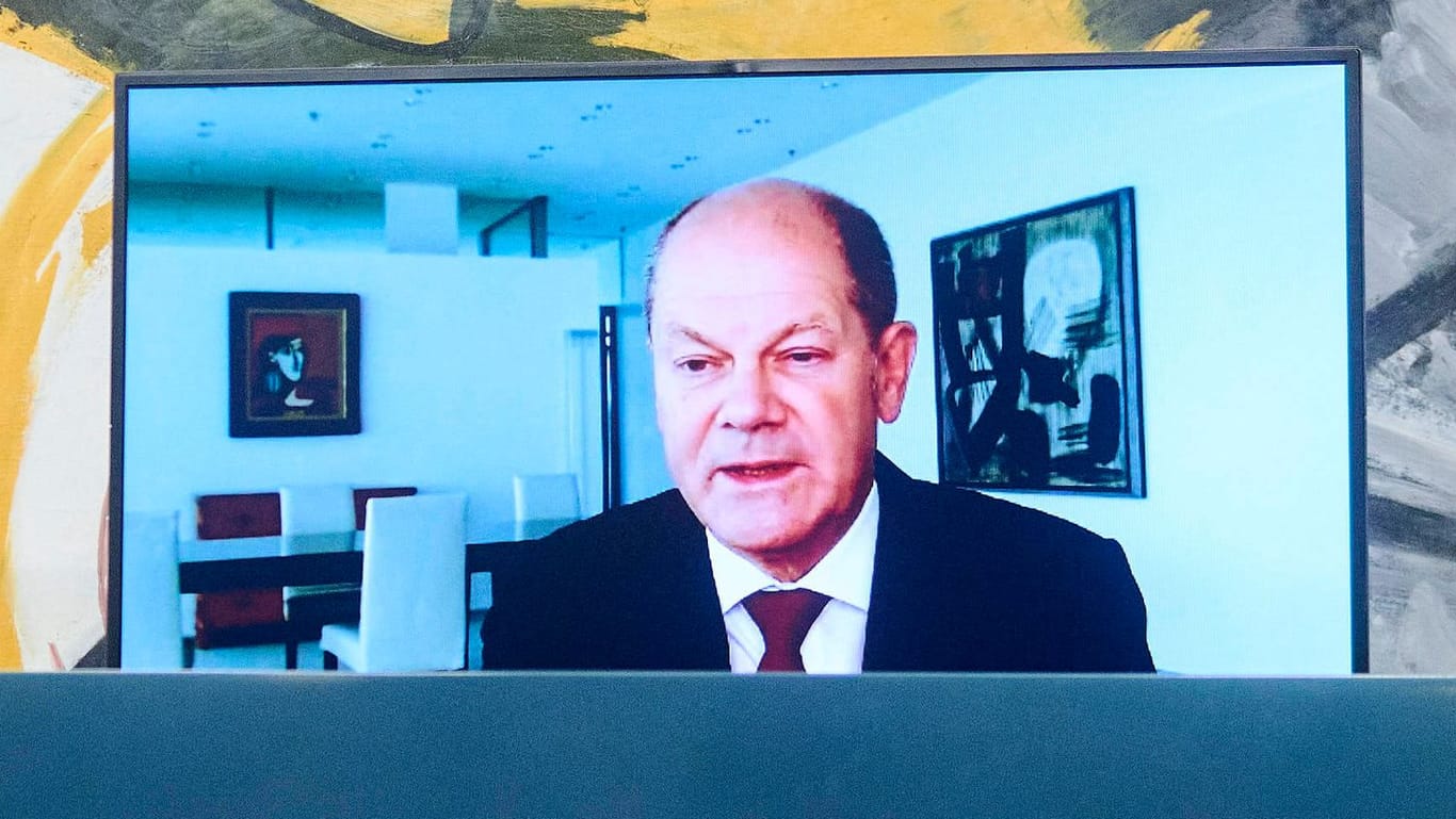 Pressekonferenz im Kanzleramt: Kanzler Scholz war wegen seiner Corona-Infektion digital zugeschaltet. Pressekonferenz im Kanzleramt: Kanzler Scholz war wegen seiner Corona-Infektion digital zugeschaltet.