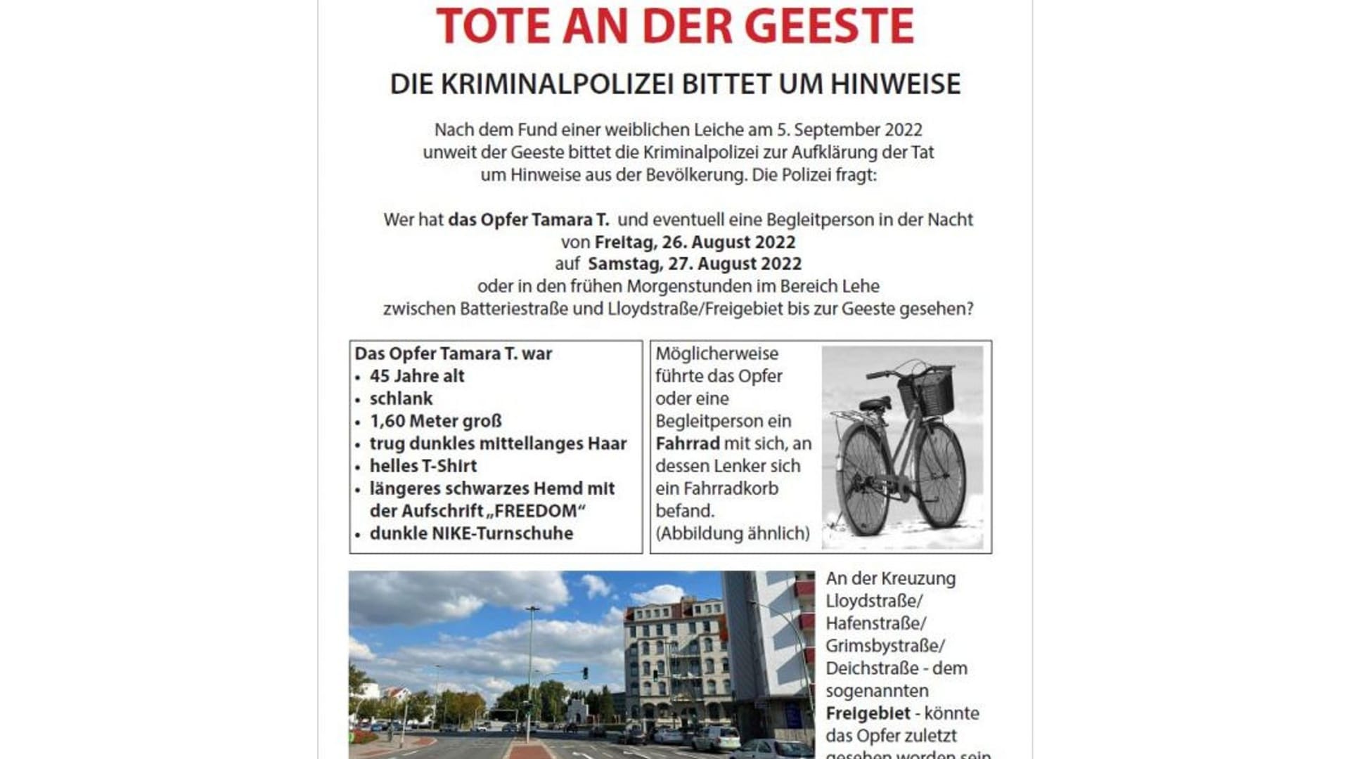 Abgebildet sind darauf das Fahrrad sowie der Ort, an dem das Opfer zuletzt gesehen wurde.