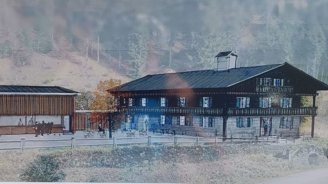 So soll das Forsthaus Valepp in den bayerischen Alpen aussehen, wenn es renoviert wurde. Im Winter soll der Betrieb aber nicht laufen.