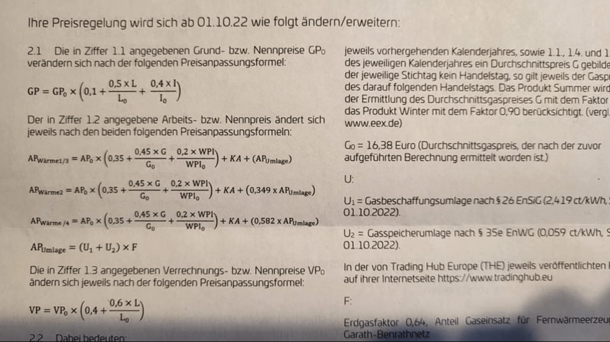 Die neue Berechnung der Fernwärme mathematisch genau aufgeschlüsselt: "Das nenne ich mal transparent", so der Empfänger.