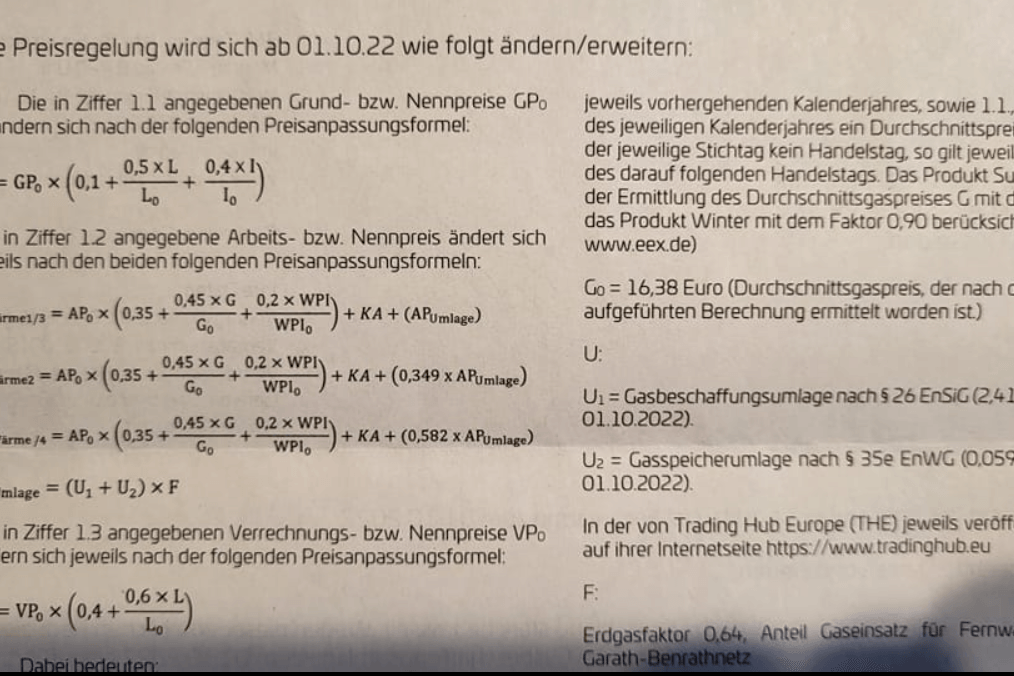 Die neue Berechnung der Fernwärme mathematisch genau aufgeschlüsselt: "Das nenne ich mal transparent", so der Empfänger.