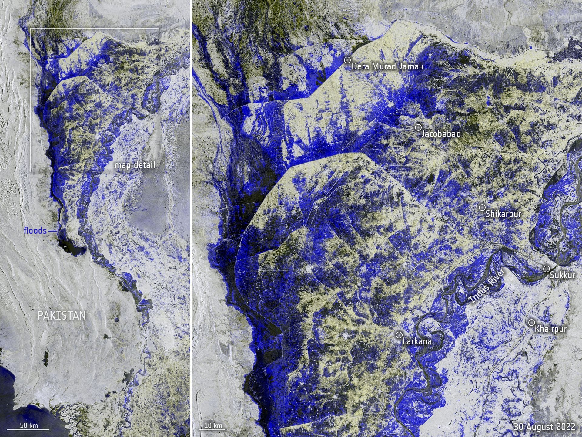 Ein Bild des Copernicus-Satelliten der Europäischen Raumfahrtagentur ESA vom 30.08.2022: Ein Drittel Pakistans ist inzwischen unter Wasser.