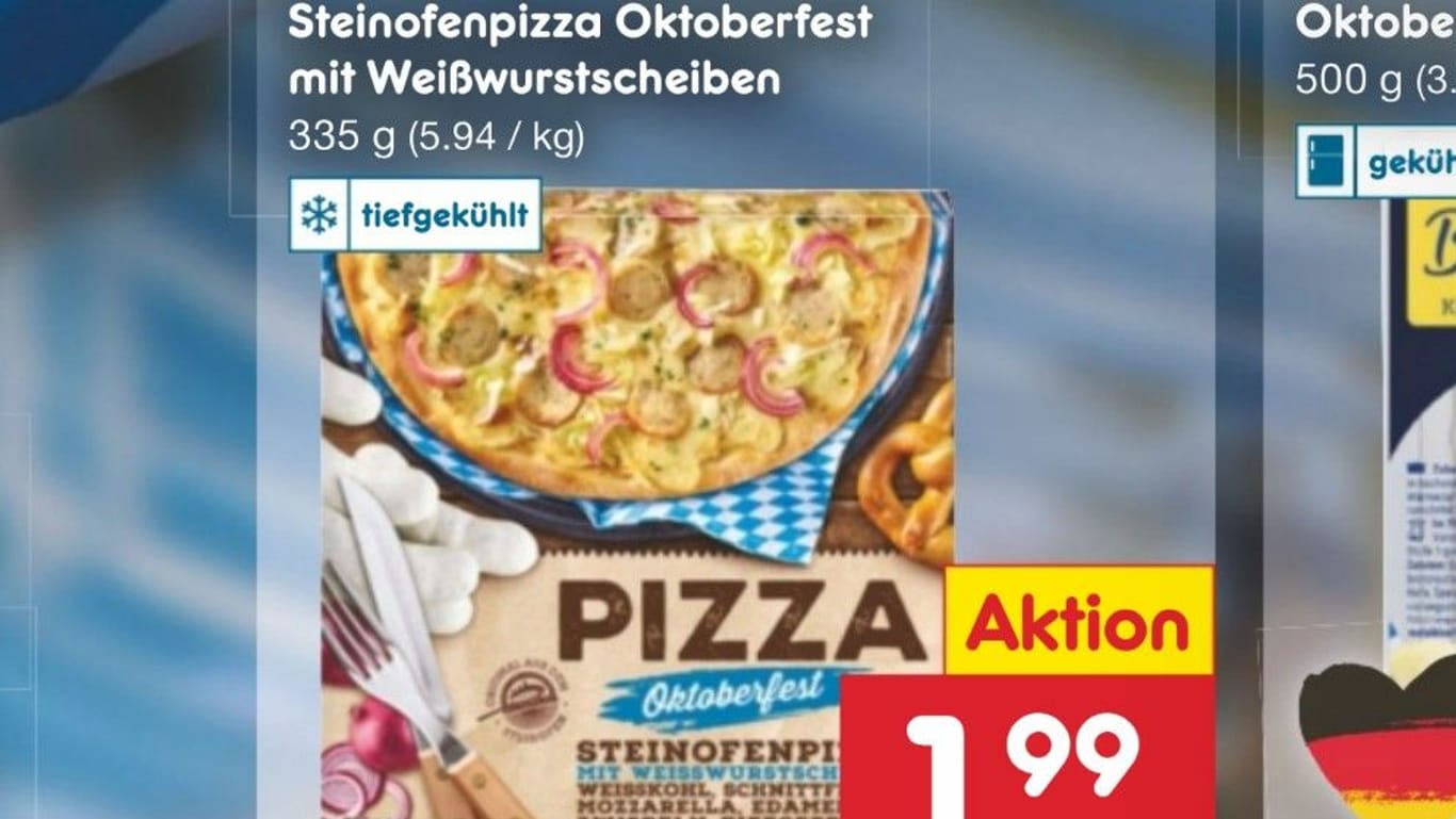 Auszug aus dem Netto-Prospekt ab dem 5. September: Dort gibt es eine Oktoberfest-Pizza mit Weißwurst-Scheiben.