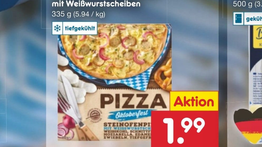 Auszug aus dem Netto-Prospekt ab dem 5. September: Dort gibt es eine Oktoberfest-Pizza mit Weißwurst-Scheiben.