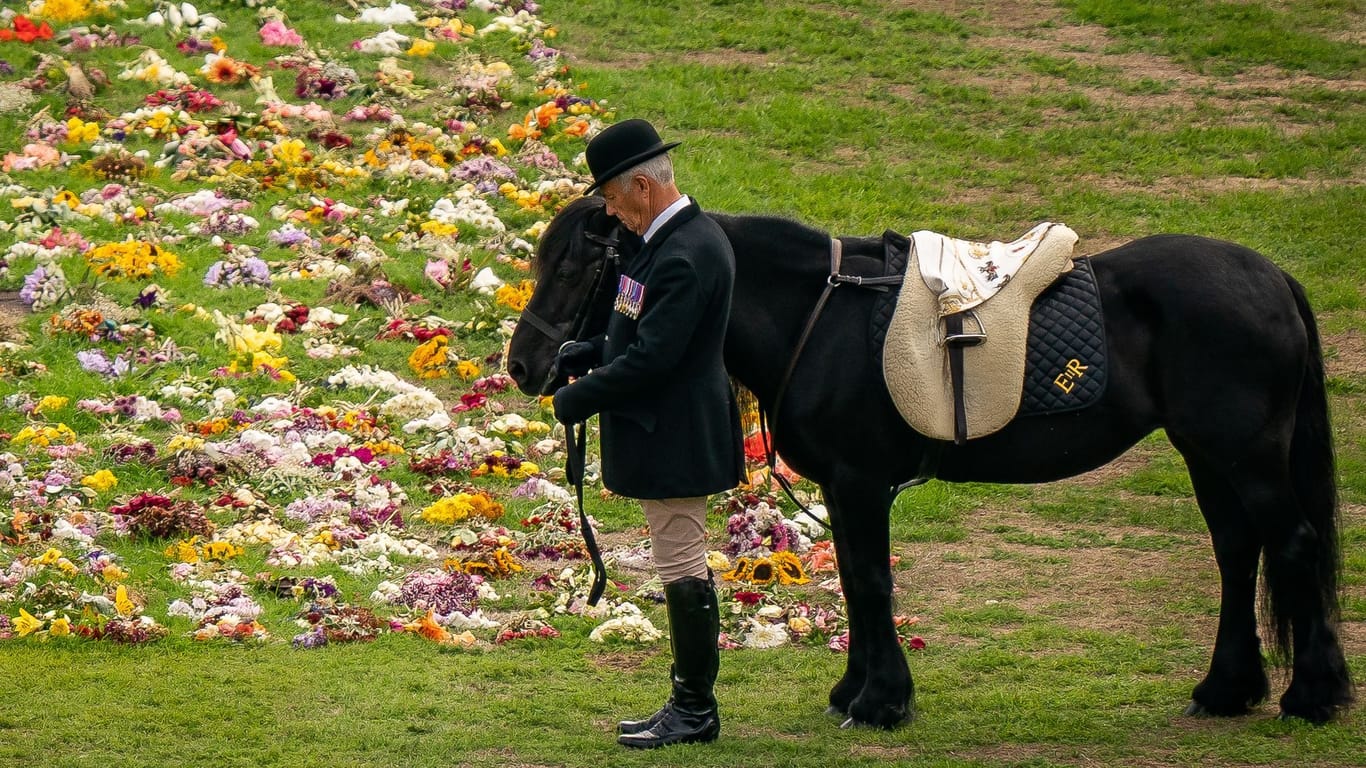 19.09.2022, Windsor: Emma, das Lieblingspferd der Queen, steht bei der feierlichen Prozession mit dem Sarg von Königin Elizabeth II. auf dem Gelände von Schloss Windsor neben einem Blumenmeer.