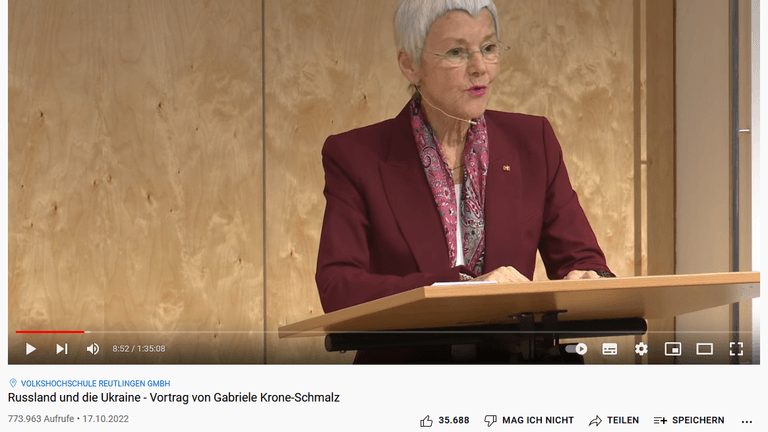 Der Vortrag von Gabriele Krone-Schmalz auf Youtube: Mehr als 770.000 Aufrufe hat das Video Stand Samstagvormittag bereits zu verzeichnen.
