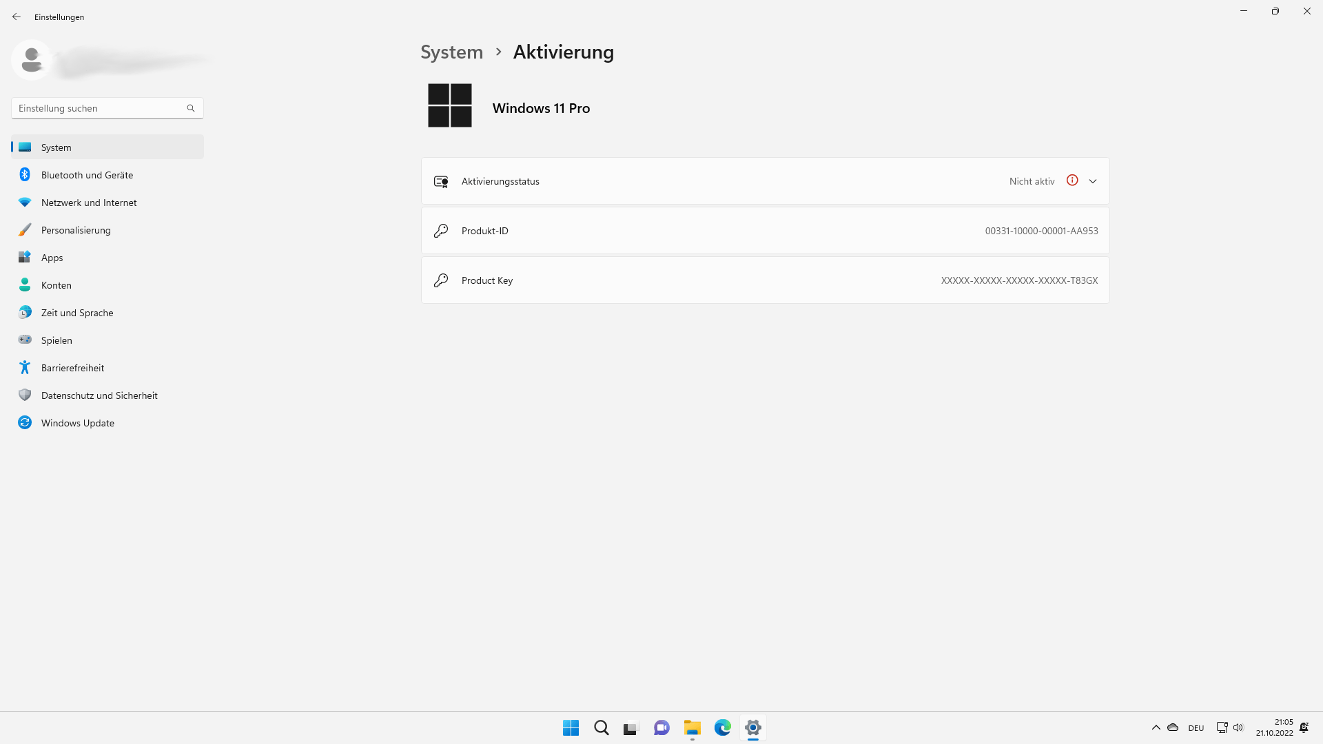 Windows 11 - Aktivierung: Falls Windows 11 aktiviert wurde, erscheint hier ein gültiger Product Key.