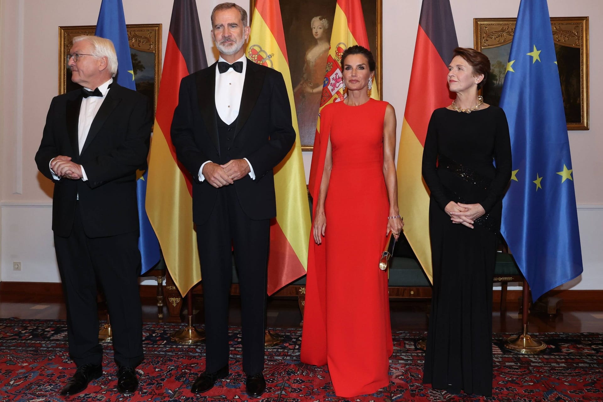 Frank-Walter Steinmeier, König Felipe, Königin Letizia und Elke Büdenbender im Schloss Bellevue.