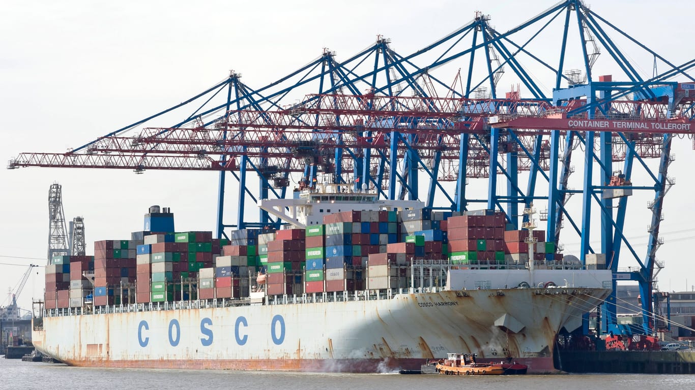 Ein Containerschiff der Reederei Cosco steht am Containerterminal Tollerort in Hamburg (Archivbild): Der Streit um eine Minderheitsbeteiligung der Chinesen sorgt für Streit in der Bundespolitik.