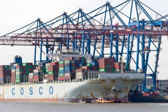 Ein Containerschiff der Reederei Cosco steht am Containerterminal Tollerort in Hamburg (Archivbild): Der Streit um eine Minderheitsbeteiligung der Chinesen sorgt für Streit in der Bundespolitik.