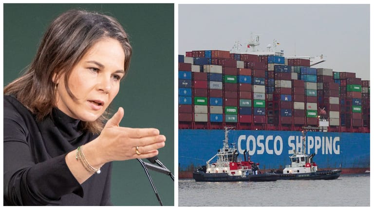 Außenministerin Annalena Baerbock (Archivbild) und ein Schiff der Reederei Cosco (Archivbild).