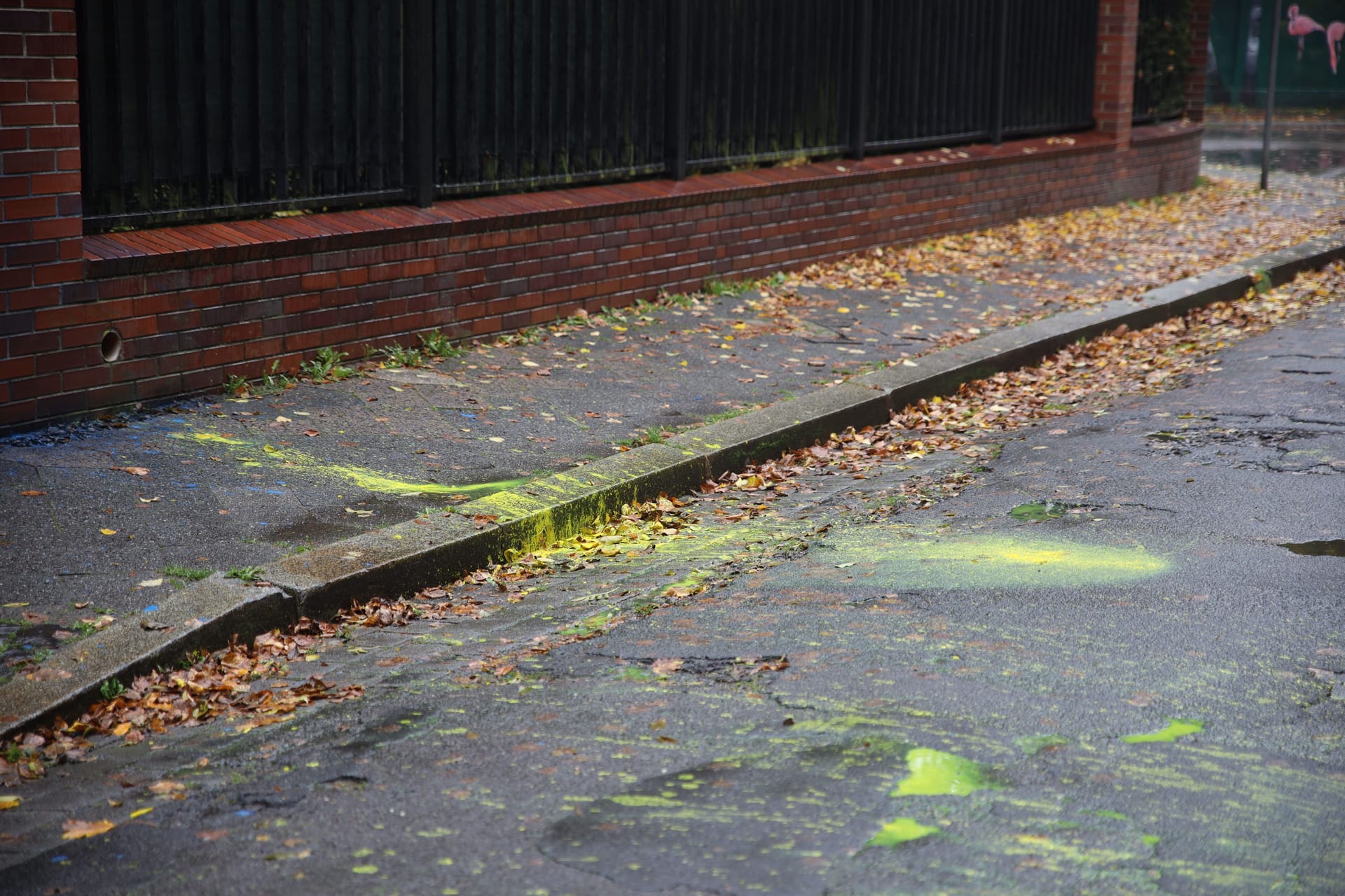 Farbkleckse auf dem Asphalt vor dem russischen Konsulat: Mehrere Glasflaschen mit Farbe warf ein Unbekannter auf den Boden.