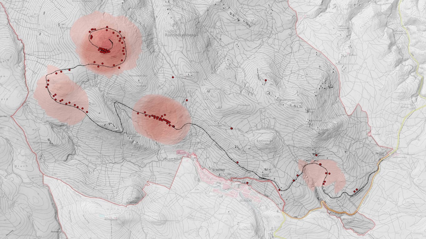 Ausschnitt der Karte aller Waldbrände (rote Punkte) im Harz von 1994 bis 2022 : Wie an einer Perlenkette entlang der Brockenbahn-Strecke