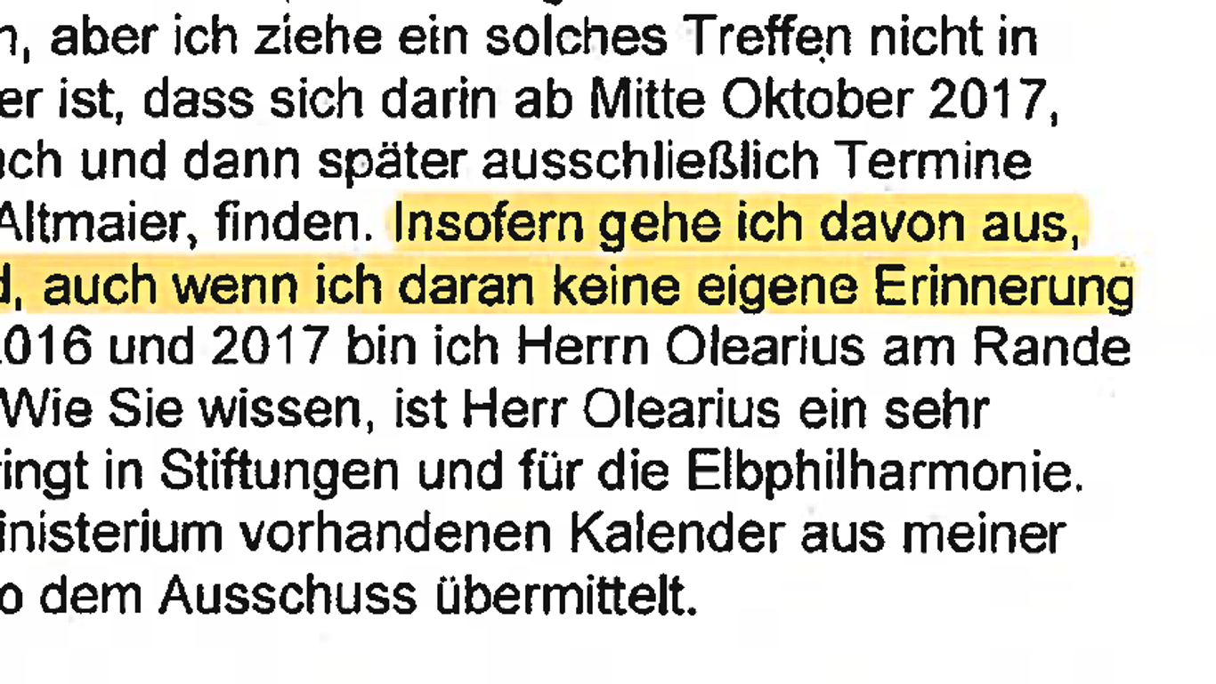 Olaf Scholz gibt im Hamburger Untersuchungsausschuss an, keine eigenen Erinnerungen an das Treffen mit Olearius gehabt zu haben.
