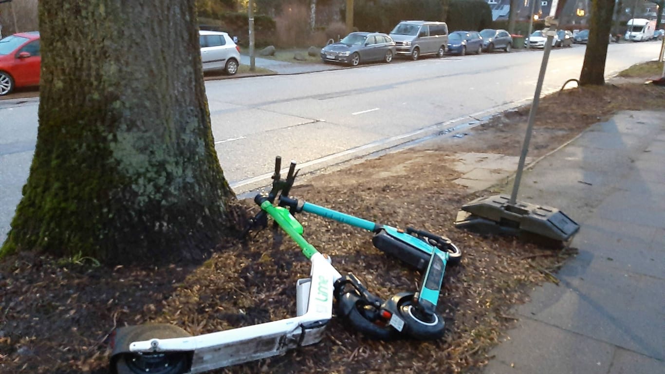 E-Roller liegen wahrlos an einem Baum (Symbolbild): Manche der geklauten Geräte wurden wieder gefunden, meist mit leerem Akku, zerstört oder ohne Kennzeichen.