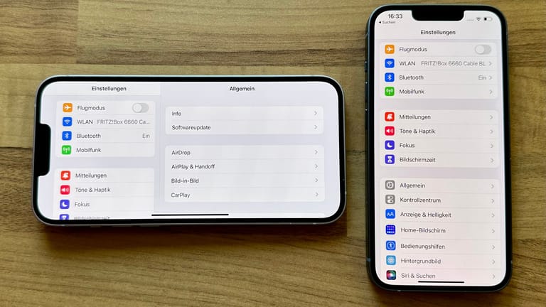 Die Querformatsansicht (links) ist nur auf dem iPhone 14 Plus und den Pro-Max-Modellen verfügbar. Im E-Mail-Programm sieht man so rechts direkt schon die Nachricht in der Vorschau.