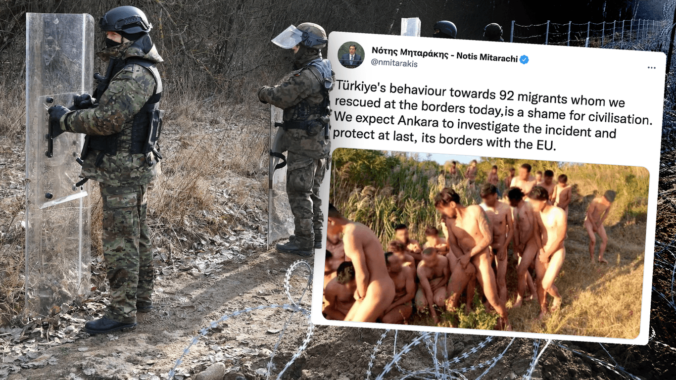 Griechische Polizisten an der Grenze. Tweet des griechischen Migrationsministers.