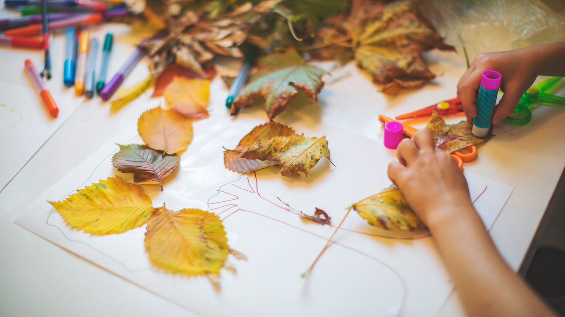 Ein Herbstbaum entsteht auf dem Papier.