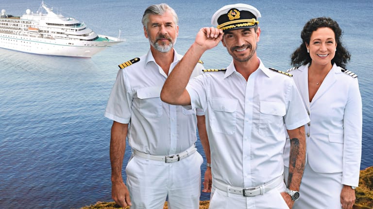Die "Traumschiff"-Crew: Staff-Kapitän Martin Grimm (Daniel Morgenroth), Kapitän Max Parger (Florian Silbereisen) und Hoteldirektorin Hanna Liebhold (Barbara Wussow).