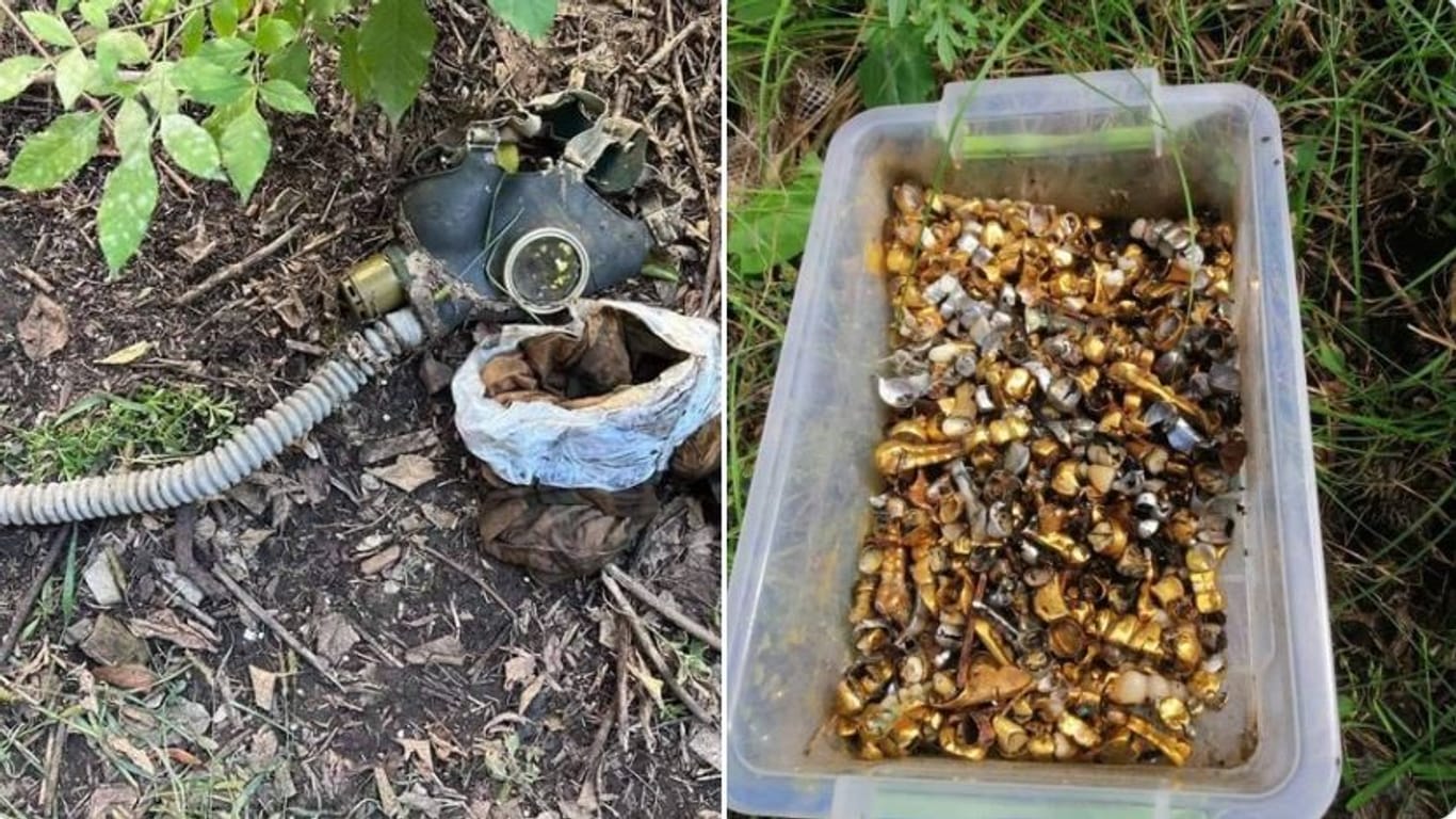 Eine Gasmaske und eine Kiste mit Zahnersatz. Nach Angaben des ukrainischen Chef-Ermittlers stammen sie aus dem Ort Pisky-Radkiwski.