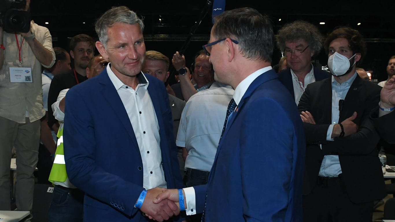 Höcke und AfD-Parteichef Tino Chrupalla auf dem Bundesparteitag in Riesa im Juni: Viele Höcke-Vertraute sitzen nun im Vorstand.