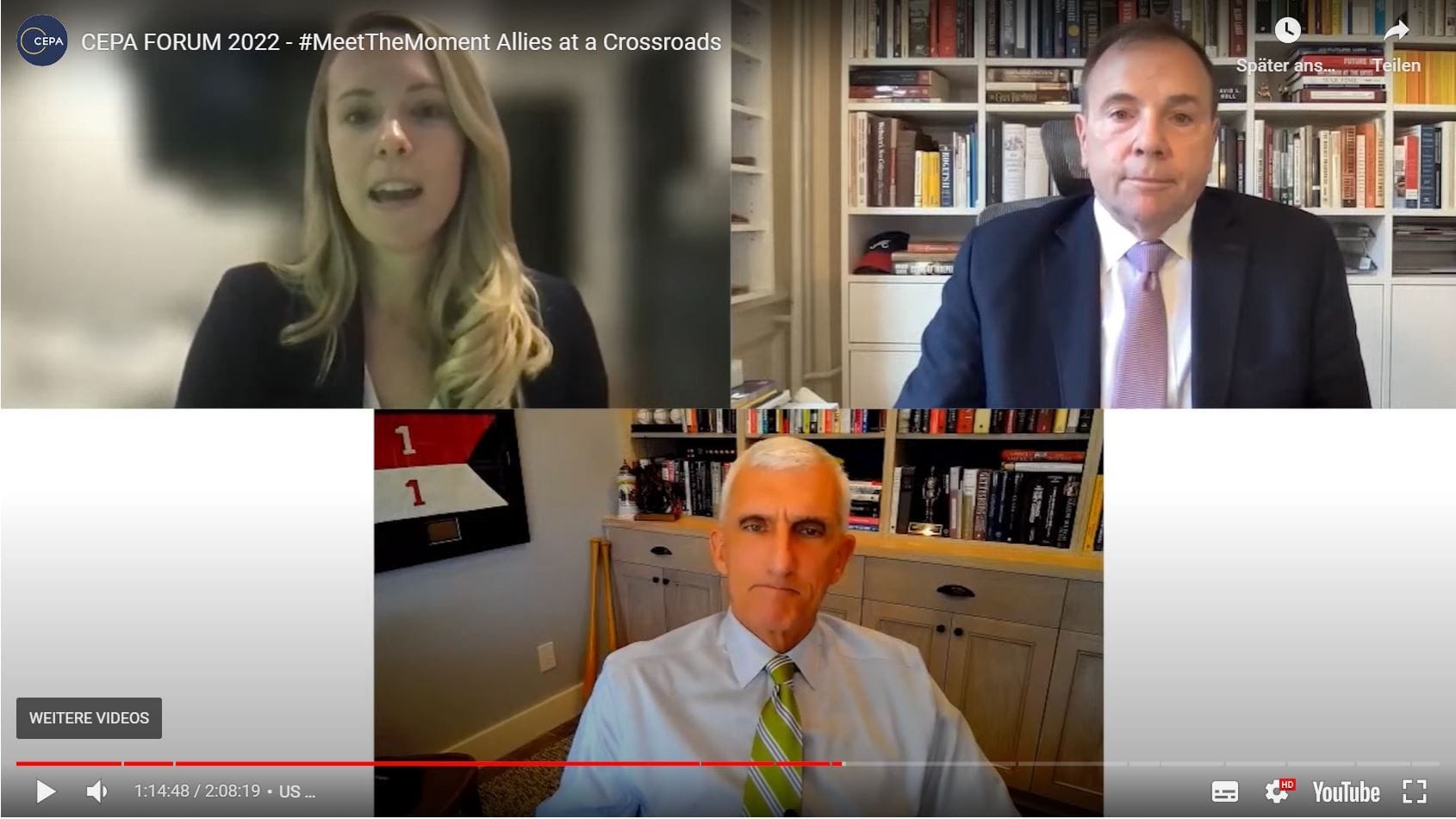 Die US-Generäle Ben Hodges (rechts oben) und Mark Hertling (unten) im Gespräch mit Cepa-Moderatorin Lara Seligman.